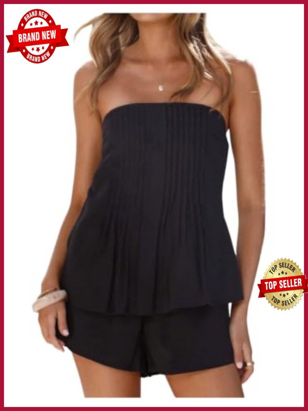 Strapless Pleated Peplum Tube Top and Wide Leg Shorts Set